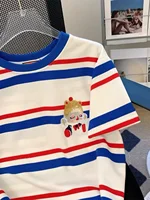 2024 New Loose Design Sense Casual Stripe ort Sve Women's T-irt Summer Anti-Aging Comfortable round Ne Top