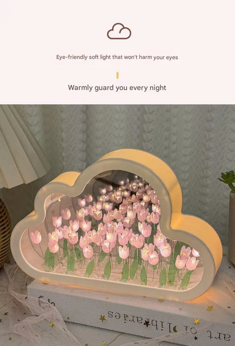 Creative Cloud Tulip Night Light DIY Handmade Mirror Flower Sea Atmosphere Lamp Desktop Decoration Birthday Holiday Gift