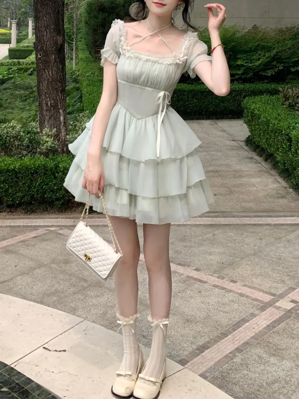 Y2K Princess Birthday Party Dress Lace Patchwork Short Dresses for Women Puff Sleeves Ruffles A-line Cake Vestido Mujer New