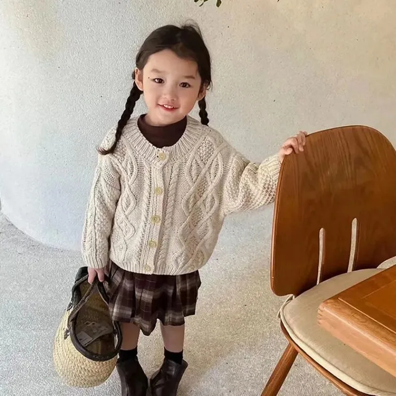 여아용 2025 니트 가디건, 남아용 라운드넥, 아동용 레드 베이비 단색, 서양식 니트 코트, 가을 겨울