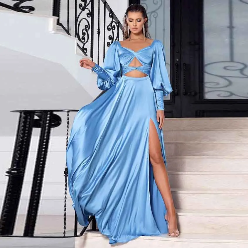 

Sexy Sky Blue Slit Long Silk Satin Skirts Baby Blue A-line Long Women Skirt To Party Female Maxi Skirt