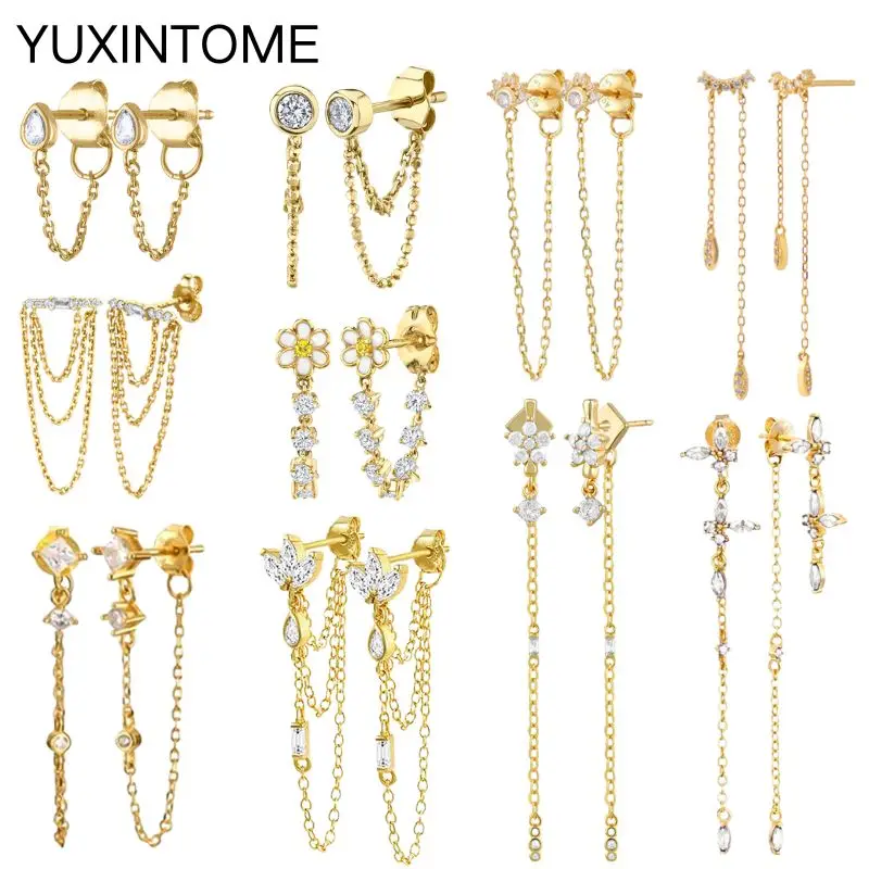 925 Sterling Silver Ear Needle Crystal Long Chain Tassel Stud