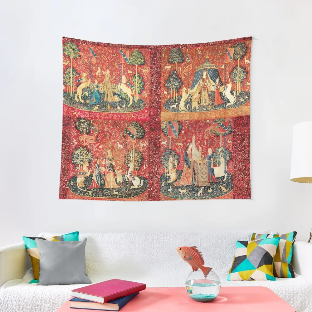 

FOUR LADY AND UNICORN STORIES ,Fantasy Flowers,Animals, Red Green Floral Collection Tapestry Decor Home