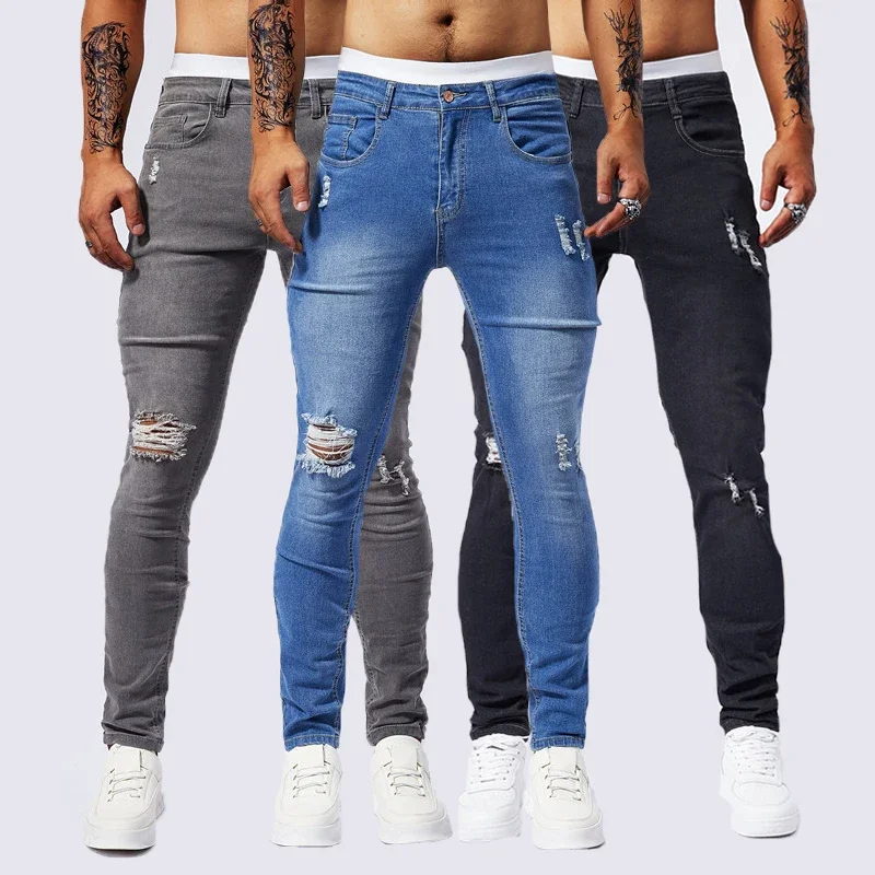 Ripped Men's Jeans Slim Stretch Holes Biker Denim Pants Skinny Hip Hop Streetwear Trousers