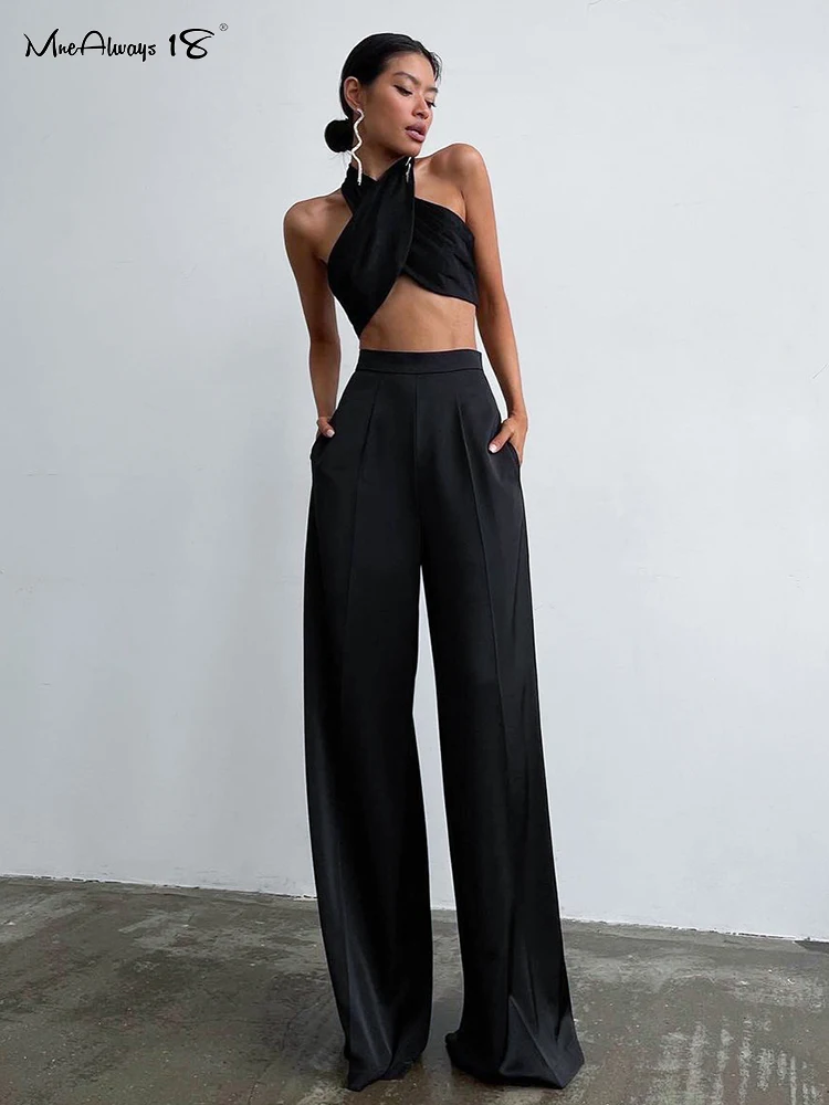 Mnealways18 Fashion Classy Women Palazzo Pants High Waist Floor-Length  Satin Trousers Spring Summer 2024 High Street Baggy Pants - AliExpress