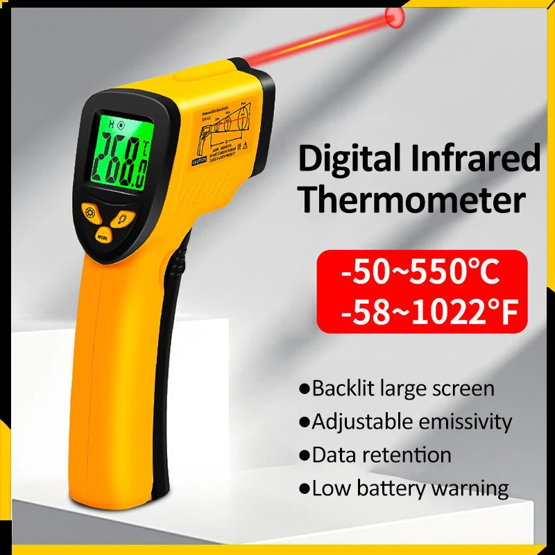 

Промышленный электронный термометр с ЖК-дисплеем, диапазон температур от-50 до 550 ℃, Бесконтактный инфракрасный термометр, лазерный измеритель температуры, пистолет, лазерная точка