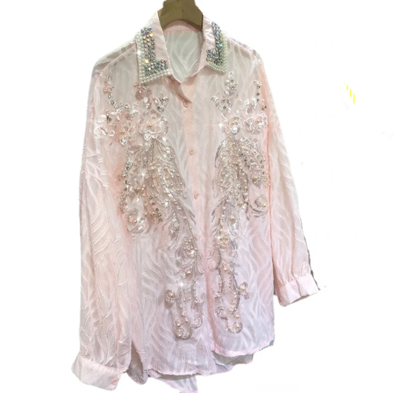 Heavy Industry Beads Sequined Lapel Shirt for Women Loose Mid-Length Long Sleeve Thin Blouse Spring Summer Sun Protection Shirts