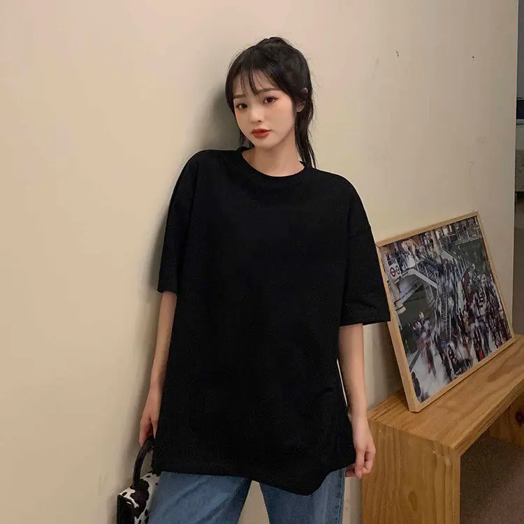 

100% Pure Cotton Black and White Loose Short Sleeved T-shirt for Women Spring Wear 2023 New Summer Solid Color Bottom Top Ins