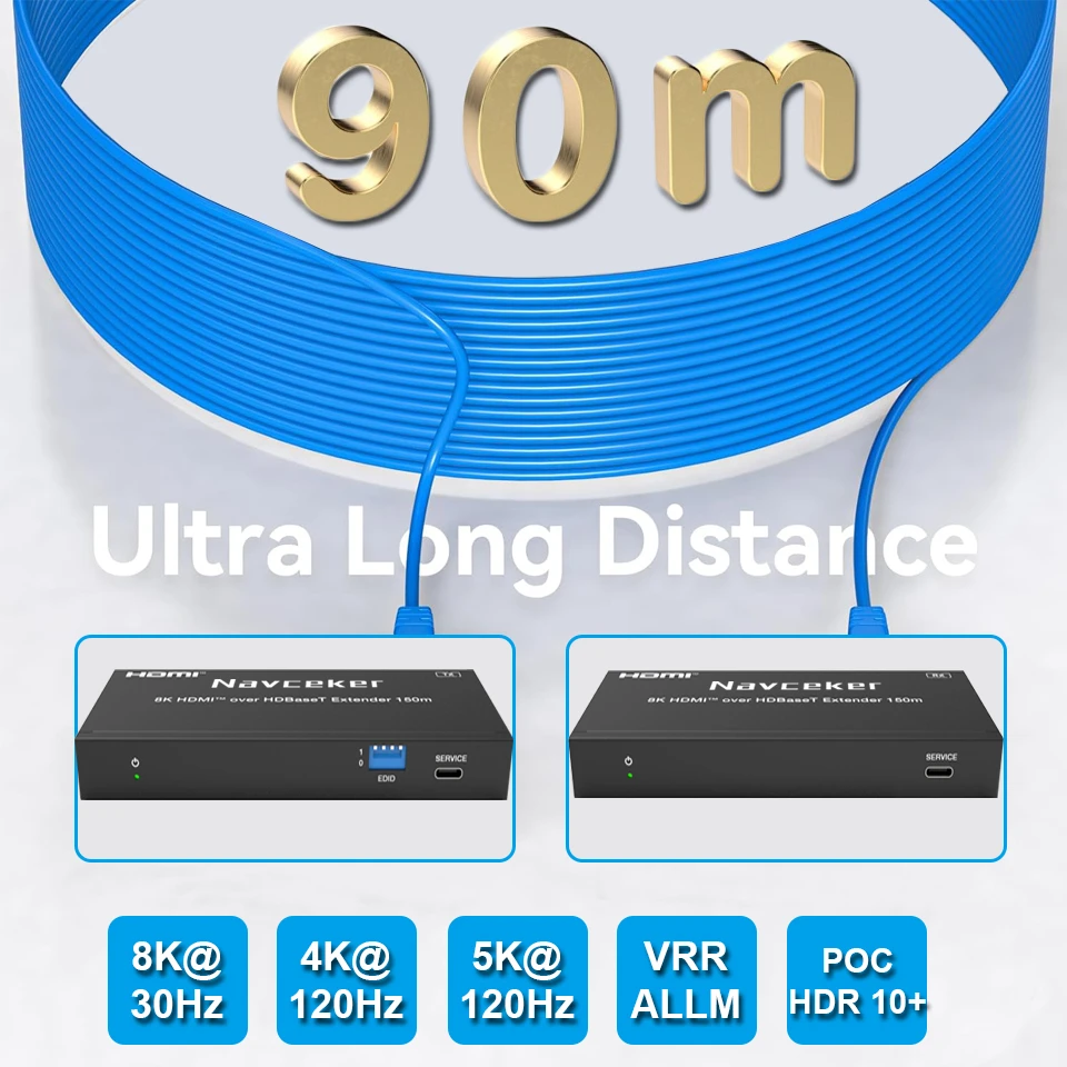 8K HDMI Extender 4K 120Hz HDMI 2.1 Extender Over UTP Cat6 RJ45 Cable 90 Meter HD