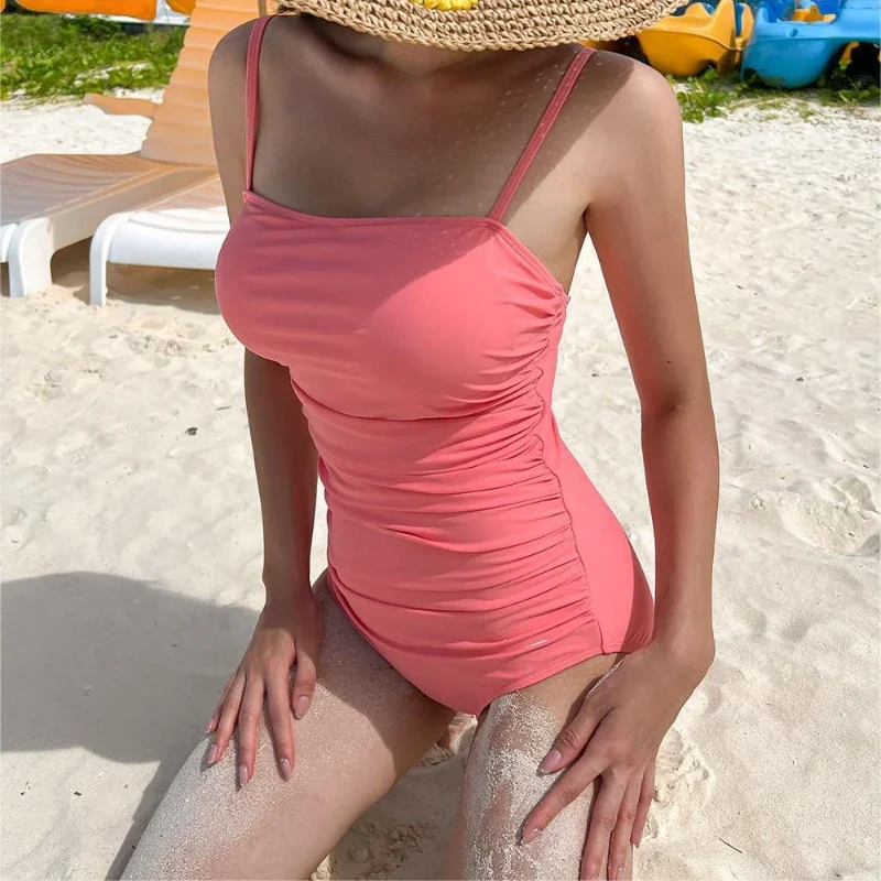 2024 Fresh One Piece BIkini New Trend Women's Backless Hight Waist Solid Fold Mujer Swimwear Female Push Up Beach Style Swimsuit