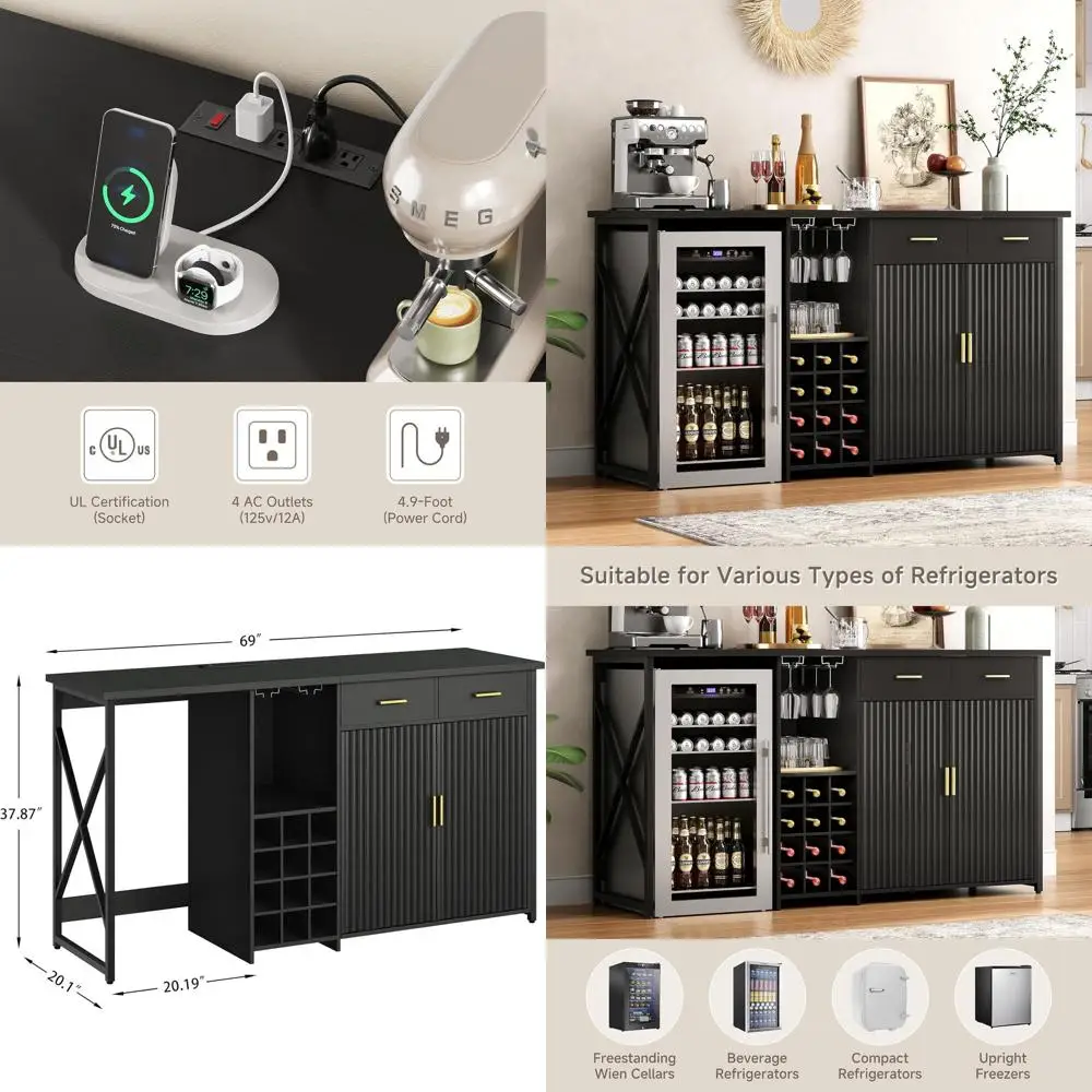 Mini Fridge Cabinet with Storage,69.01" Coffee Bar Cabinet with Fridge Space,Wine Outlet,Wine Rack & Drawers