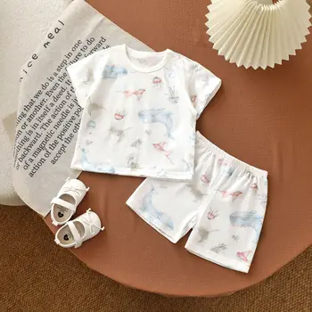 AYNIGIELL طقم أطفال من القطن الخالص طقم صيفي رقيق من 0 إلى 4 ملابس منزلية بقلنسوة للأولاد والبنات طقم مكون من قطعتين 2