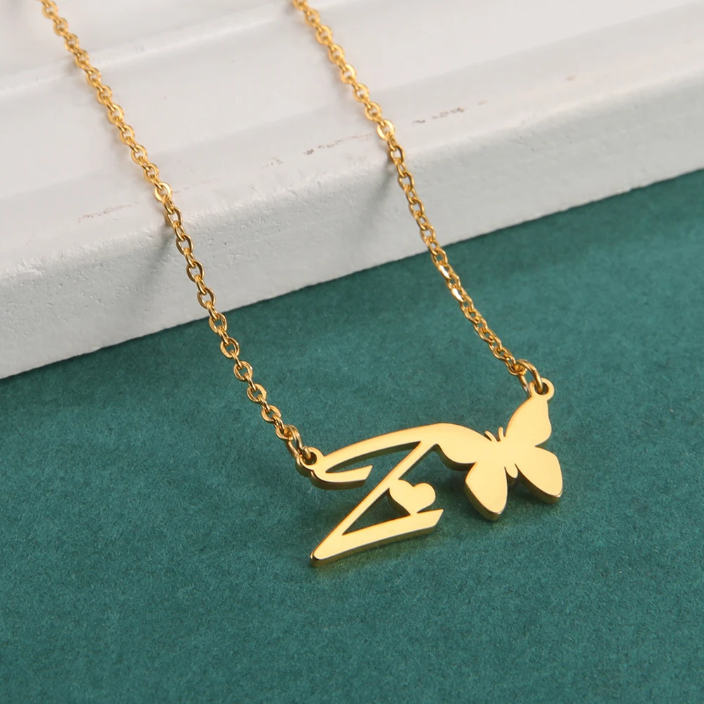 Amaxer for Women Girl Sweet Butterfly Alphabet Necklace A-Z Initial Letter Name Stainless Steel Gold Silver Color Jewelry Gift_voghion.com