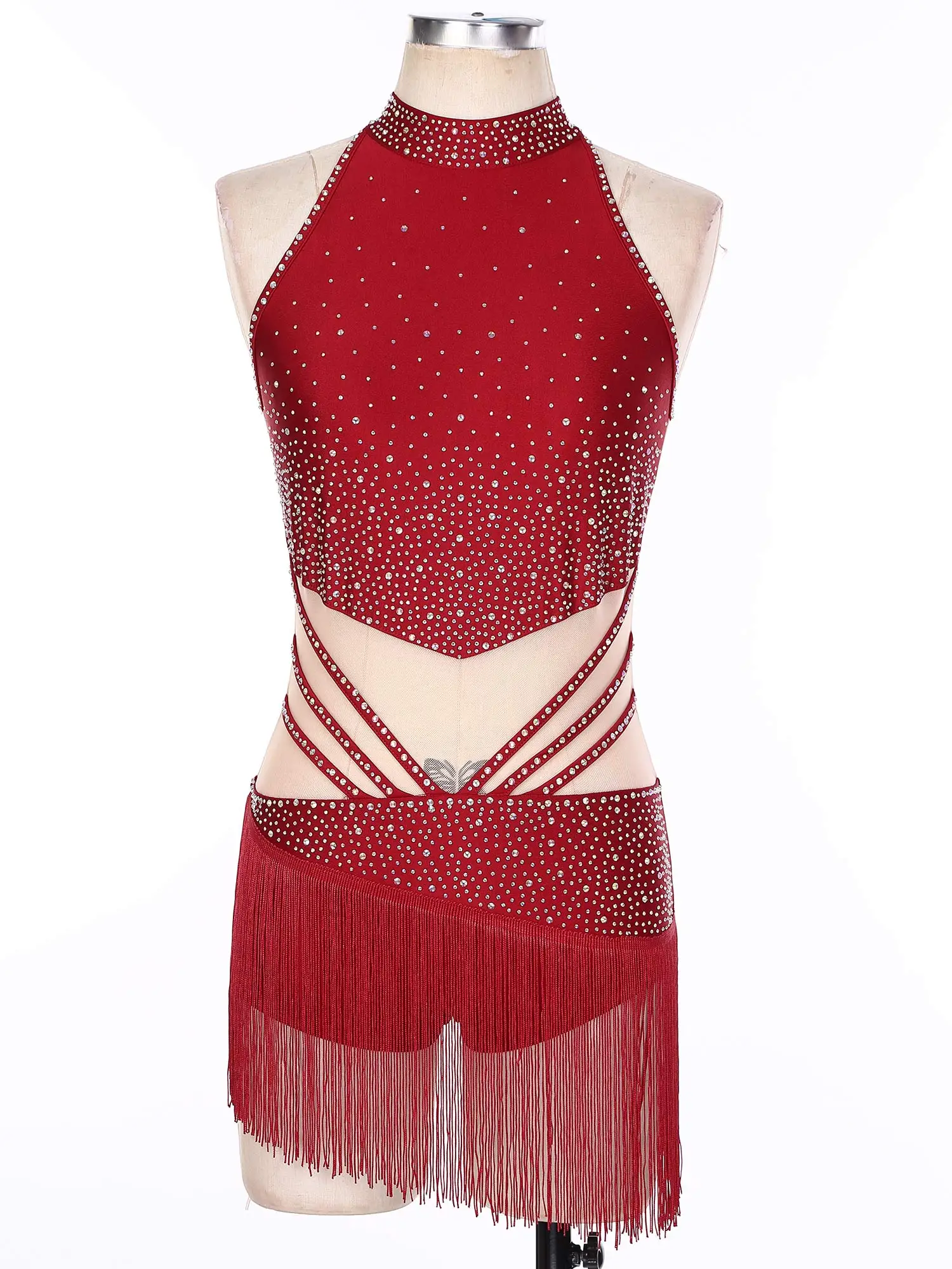 Frauen Ärmellose Strass Mesh Quasten Latin Jazz Dance Body Eiskunstlauf Samba Gymnastik Trikot Leistung Dancewear – Detail 18