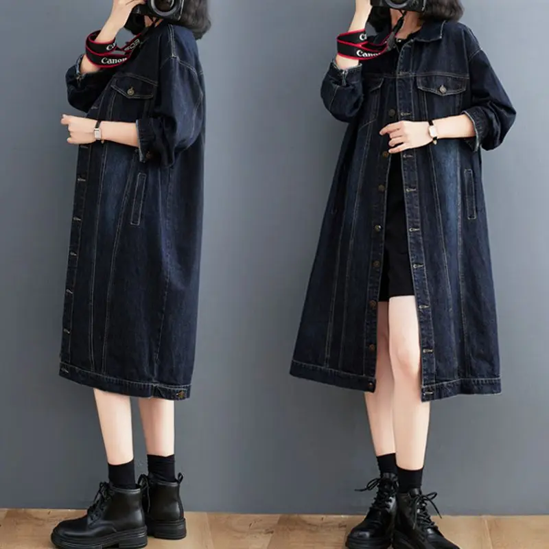 

Mid Length Denim Jacket Women Spring Autumn 2024 new Korean Fashion Vintage Loose Jeans Windbreaker overcoat female Outwear T016