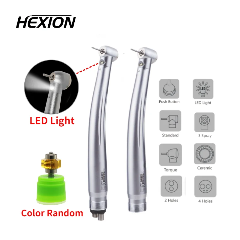 

HEXION LED Dental High Speed Handpiece With Lights E-generator Integrated Standard Torque Head Push Button 3 Water Spray 2 Holes