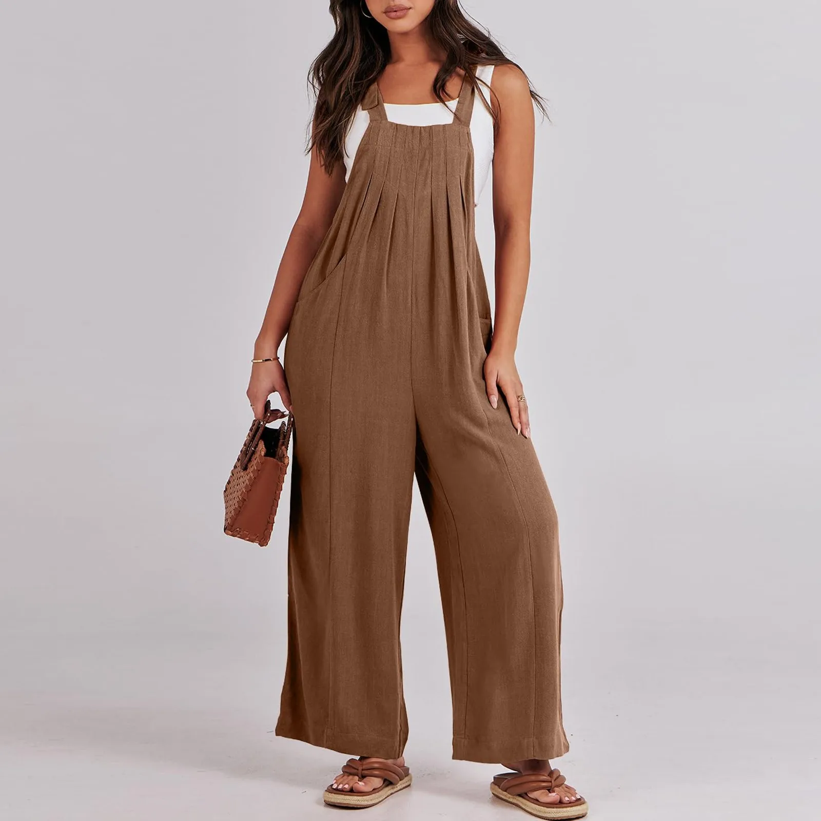 

Women's Loose Jumpsuit Casual Loose Sleeveless Adjustable Tie Straps Bib Wide Leg Rompers With Pockets Female Streetwear