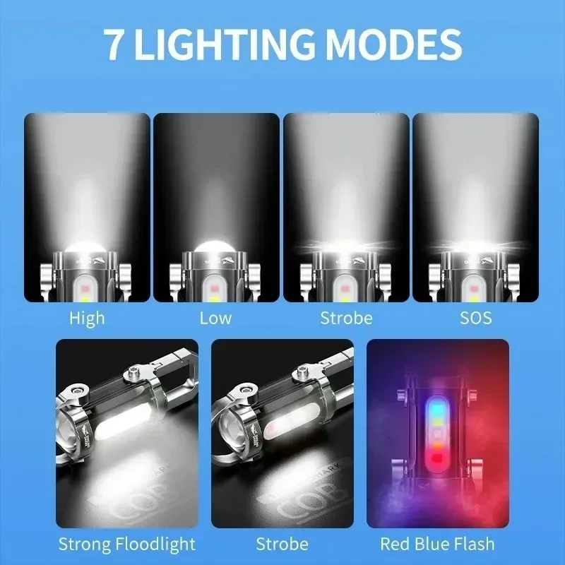 Portable Work Light Keychain Flashlights USB Rechargeable 7 Modes Emergency Warning Lights for Camping Walking Searching Hiking