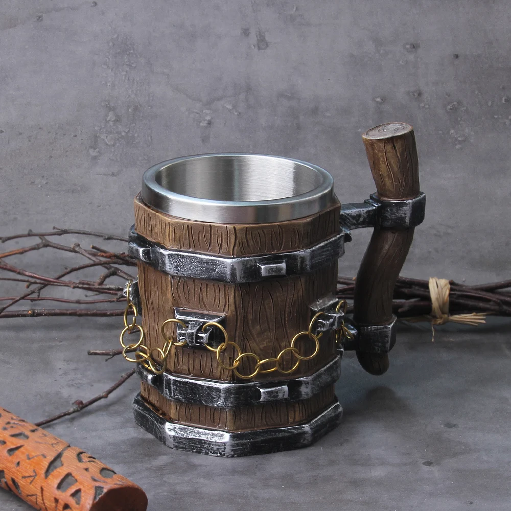 Viking Wood Style Beer Mug Simulation Wooden Barrel Beer Cup with brass Jump Ring Drinking Mug Metal Insulated Bar Drinking beer mug
