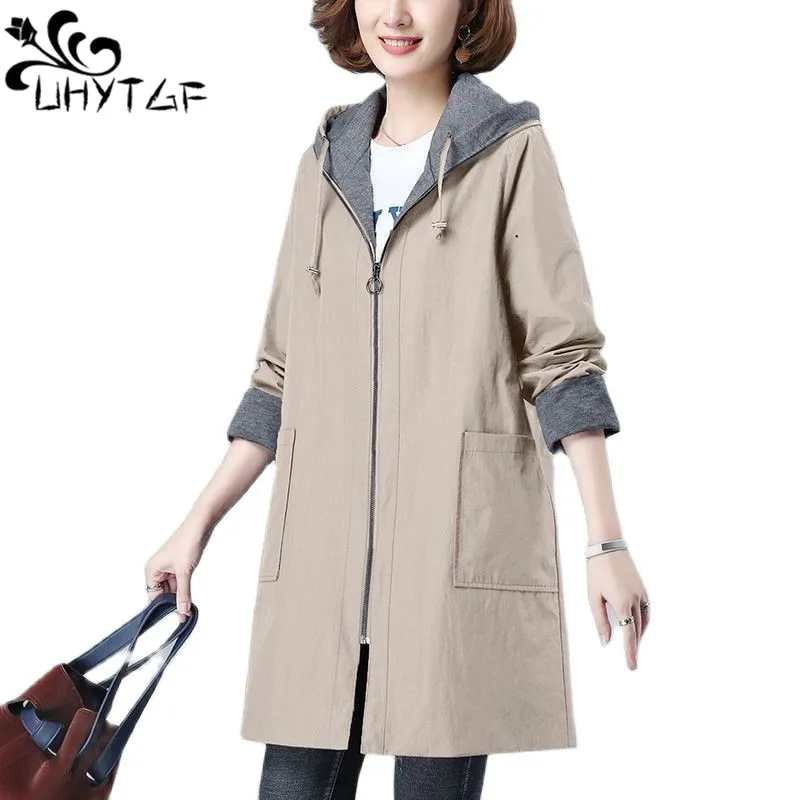 UHYTGF 여성용 후드 지퍼 오버사이즈 비옷 재킷, 한국 트렌치 코트, 캐주얼 용수철 바람막이, 7XL 2696