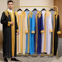 luxury Gold Embroidered Arab Traditional Long Robe Thobe Men's Formal Dress Middle East Ethnic Style Polyester Fiber