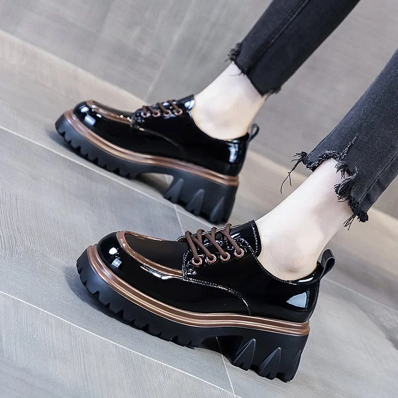 Autumn Leather Shoes for Women Spring Fashion Heel Thick Sole Height Increasing Shoes Loafers for Women zapatos mujer tacones 4
