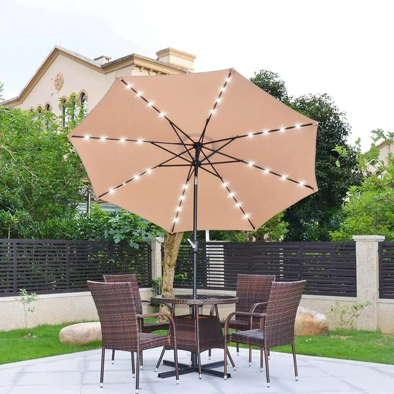 

9ft Patio Umbrella with Solar Lights, 32 LED Lighted Umbrella Outdoor Patio, 8 Ribs Market Umbrella w/Tilt Adjustment