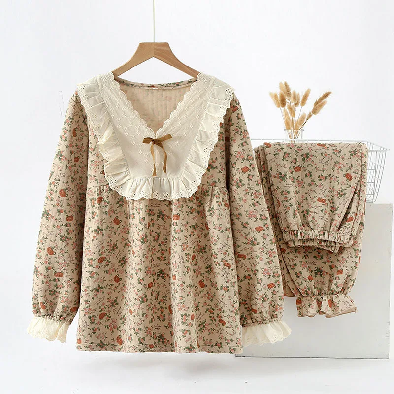 Lace V-Neck Retro Print Women's Pajamas Autumn Puff Long Sleeved Pullover Top+Casual Pants Two-piece Set Ladies Home Sleepwear