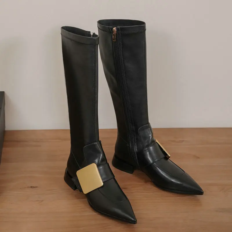 

Low Square Heels Female Silm Long Riding Boots Women Genuine Leather Knee High Boots Night Club Shoes Woman