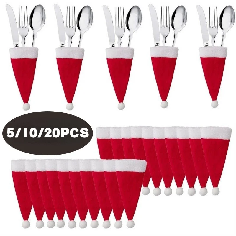 

20PCS Christmas Decorations Tableware Holder Bag Christmas Hat Tableware Fork Knife Cutlery Bag Xmas Home Decor Xmas Ornament