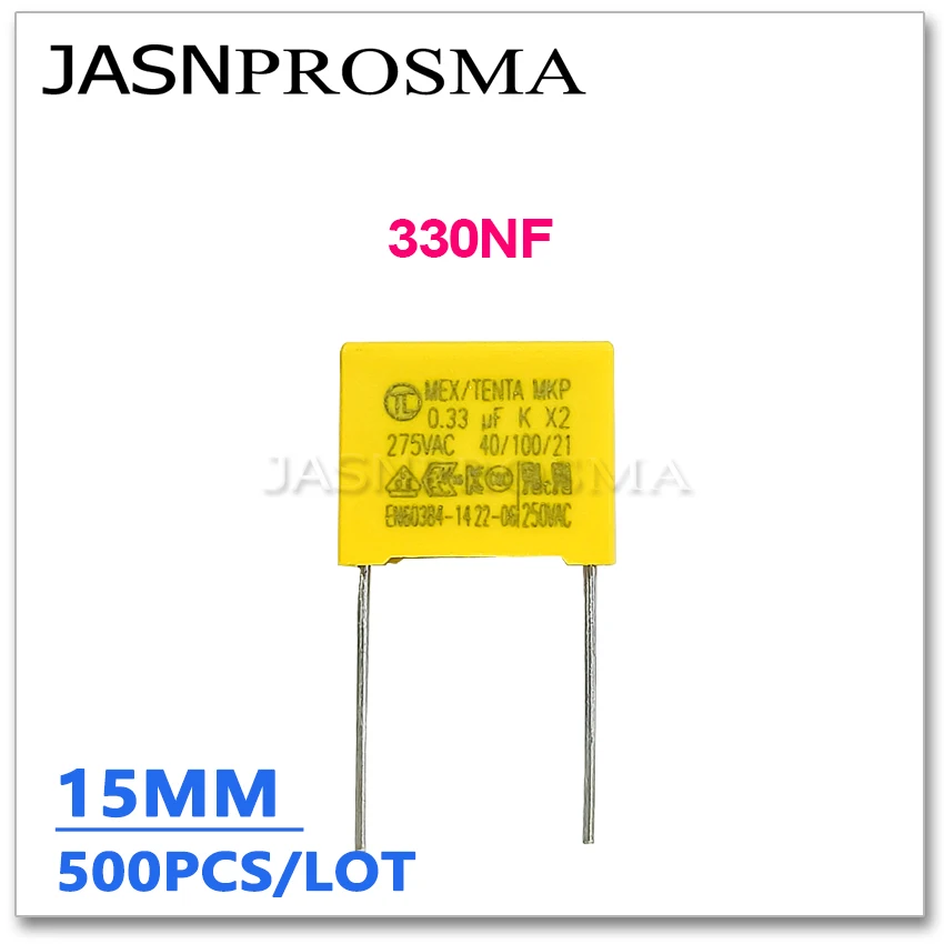 

JASNPROSMA X2 275VAC 310VAC 330NF Pitch 15mm 500PCS 0.33UF 334 10% K Safety Capacitor MKP