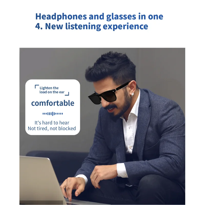 Bluetooth Audio Smart Glasses Interchangeable Frames Open Ear Surround Sound w Speakers Mics Calls Voice Control For Android IOS