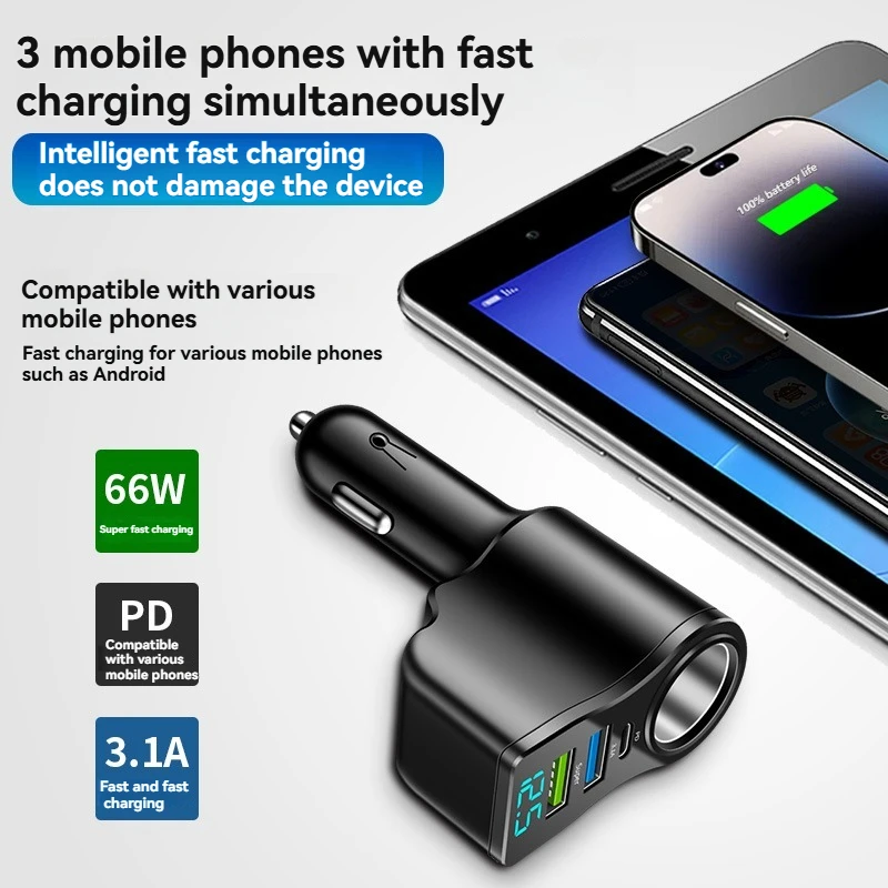 4-In-1 Multi-USB Car Adapter, Socket Distributor With 2 USB Ports, 12V/24V Dual USB Plus Type-C PD Fast Car Charger Adapter