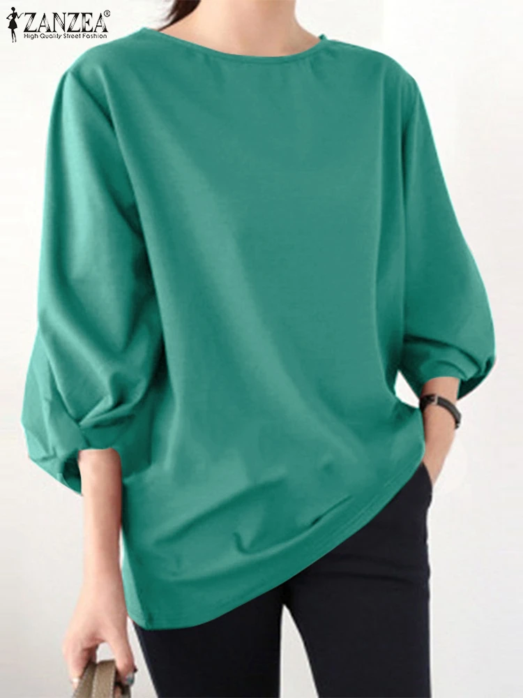 

2023 ZANZEA Women Vintage Blouses Autumn Lady Fashion Puff Sleeve Tops Casual Office Work Blusas Female Solid Chemise Tunic