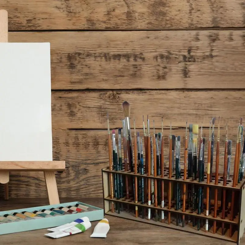 Paintbrush Holder Storage Rack Holder 67 Holes Paint Brush Holder Wooden Paint Brush Holder Stand Desk Organizer Watercolor Tray Rack For Pencils Brushes