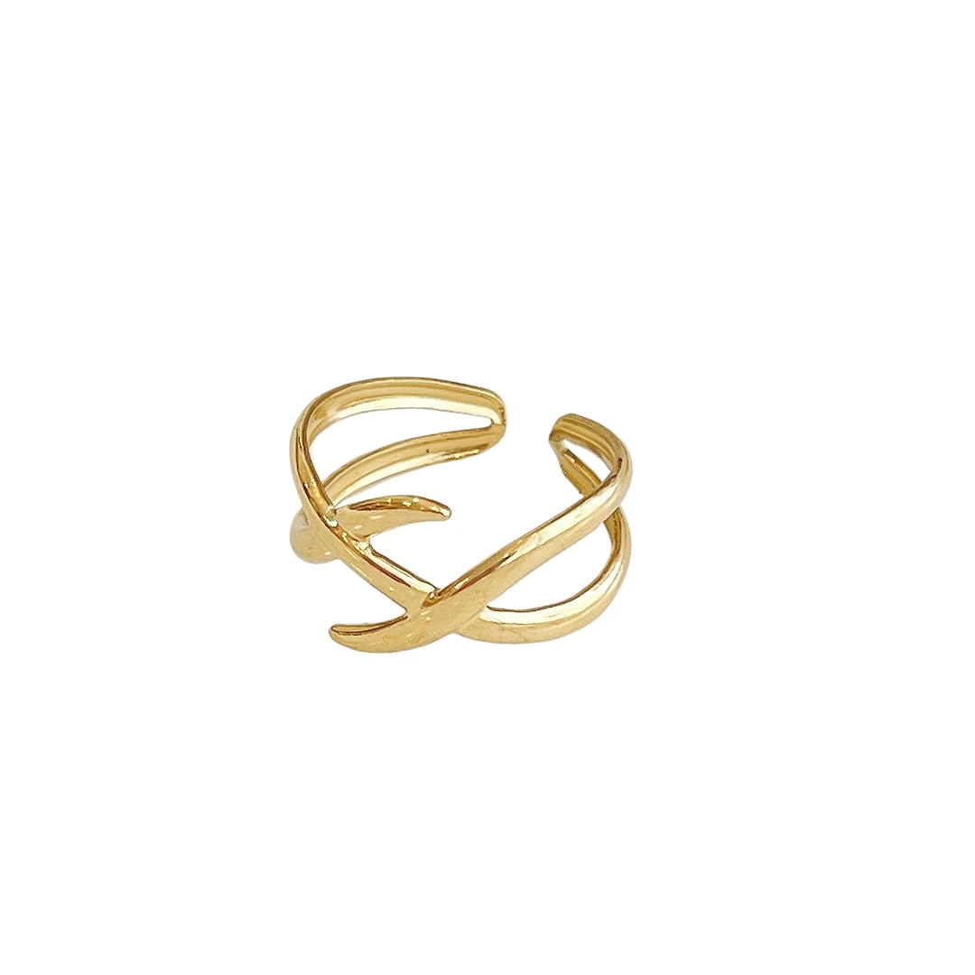 New stainless steel light luxury style Fishbone cross line ring adjustable mouth vintage vacuum electroplating ring for women 6