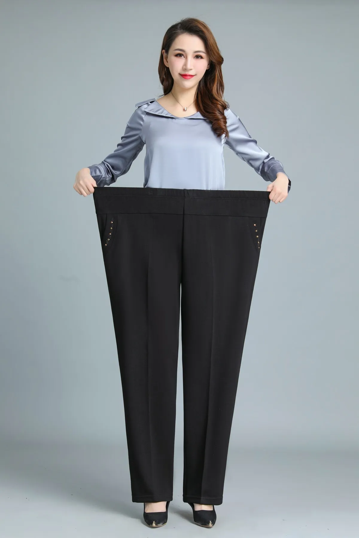 

Black gray Middle-aged Women's Trousers 7XL 8XL Spring and Autum Elastic Waist Straight pants Femme All-match Loose Casual Pants