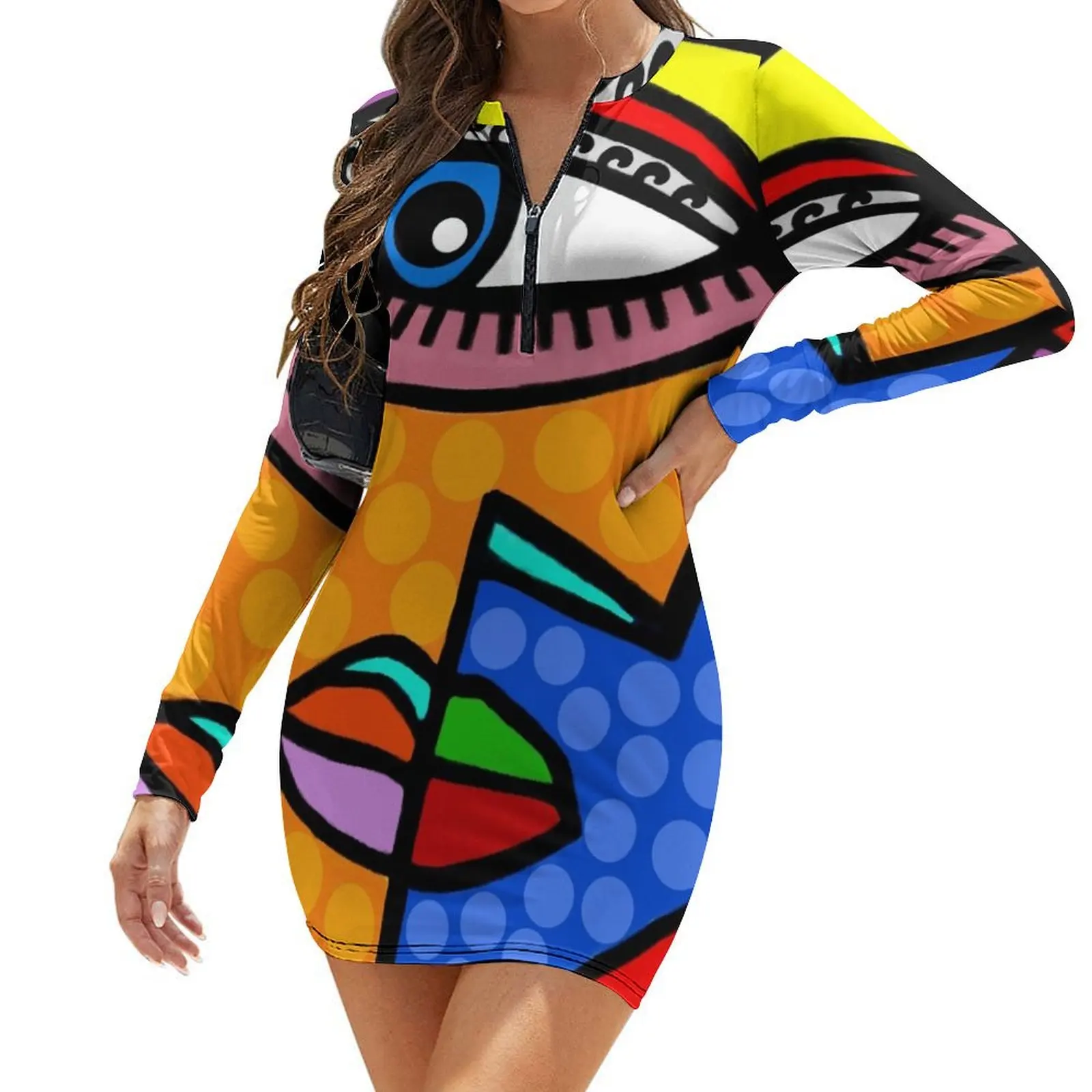 

Funky Abstract Style Art Face with Dots and Stripes Long-Sleeve Bodycon Dress Summer women's clothing