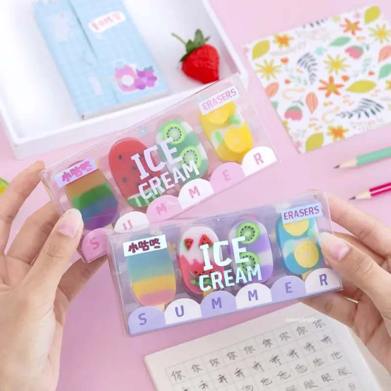 4 Pcs/set Novelty Summer Ice Cream Rubber Eraser School Supplies