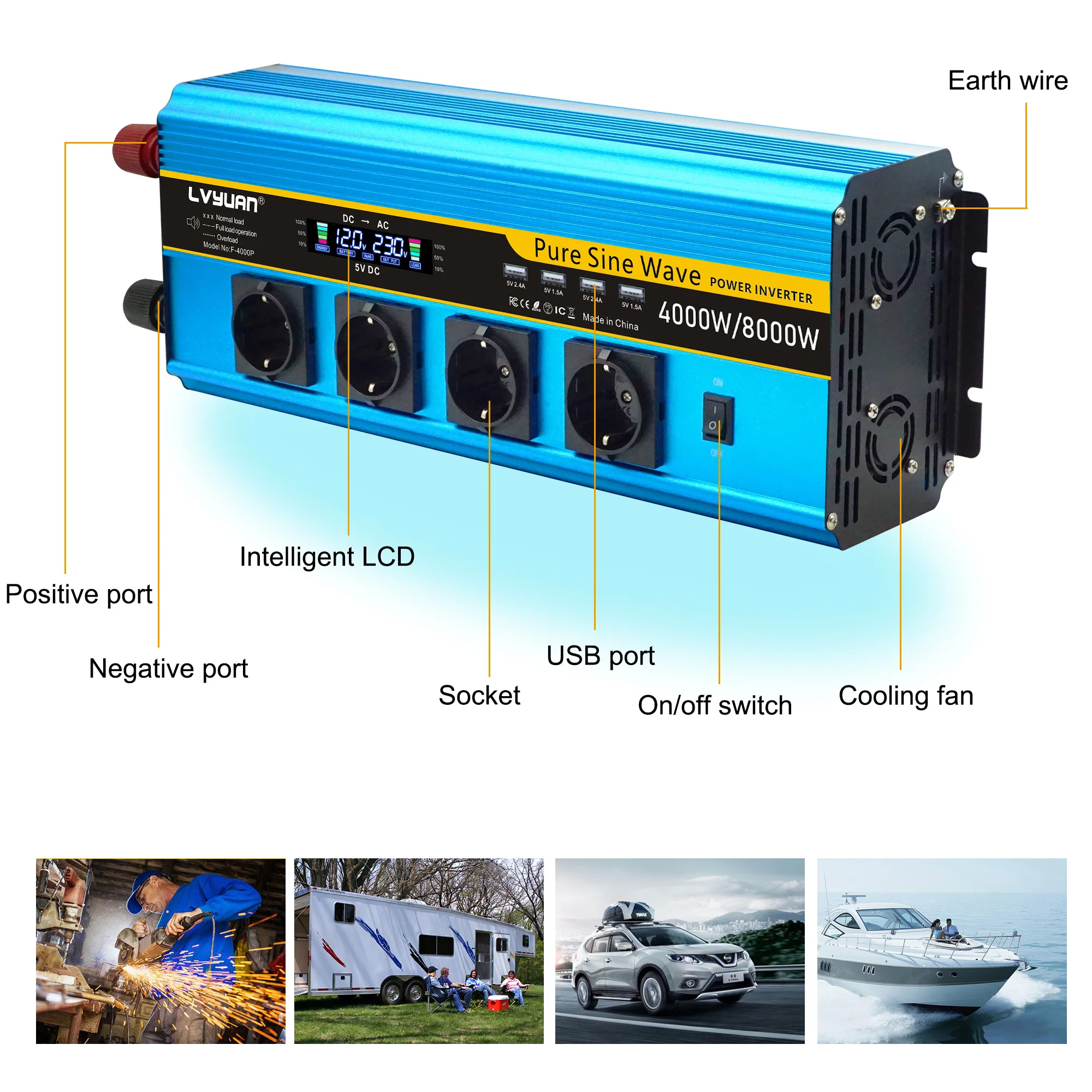 thumbnail image 2 of 5000W 6000W 8000W Pure Sine Wave Power Inverter 12V/24V/48V/60V/72V DC To 110V 220V Converter For Home, RV And Off-Grid Solar Systems With LCD Screen, Car Adapter For Travel,5000W-24Vto110V 2 of 10