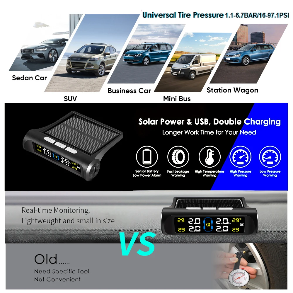 Smart Car TPMS Tire Pressure Alarm Monitor System with 4 Sensors Display Solar Power Tyre Pressure Temperature Warning System