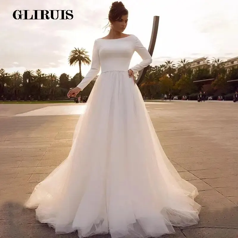 

Simple Scoop Beads Wedding Dresses Ribbons Long Sleeve Pleats A-Line Tulle Bridal Gowns Vestido De Noiva