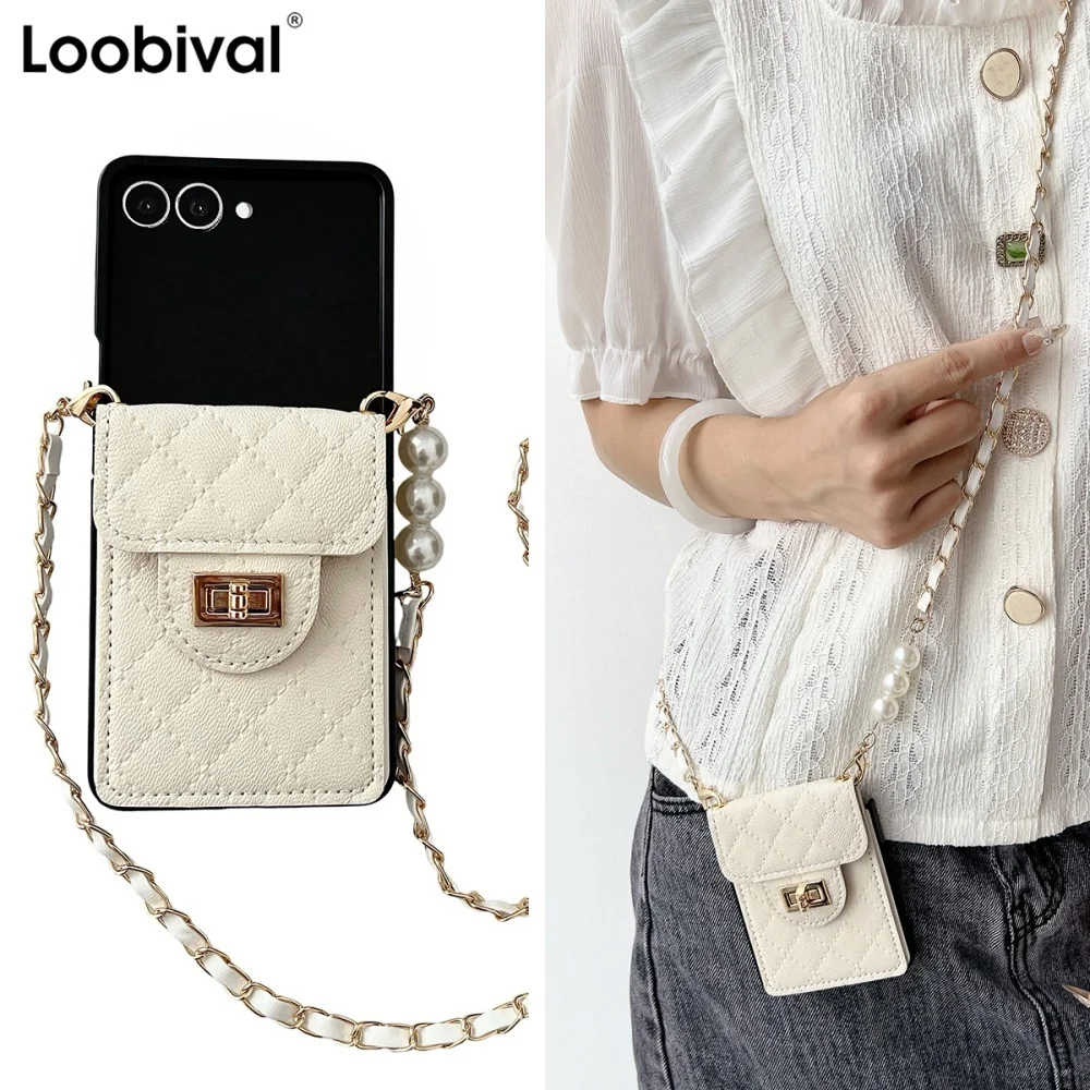 Pearl-Embellished Leather Phone Case with Shoulder Strap and Card Holder