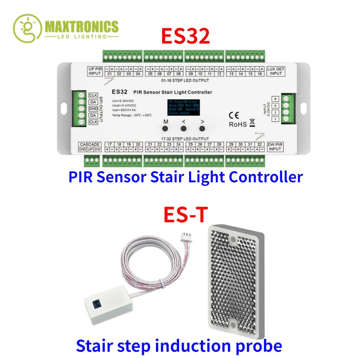 

ES32 PIR Human Body Infrared Sensor Stair Light Controller 32CH and IR Stair Step Induction Probe 5VDC for Low Voltage LED Strip