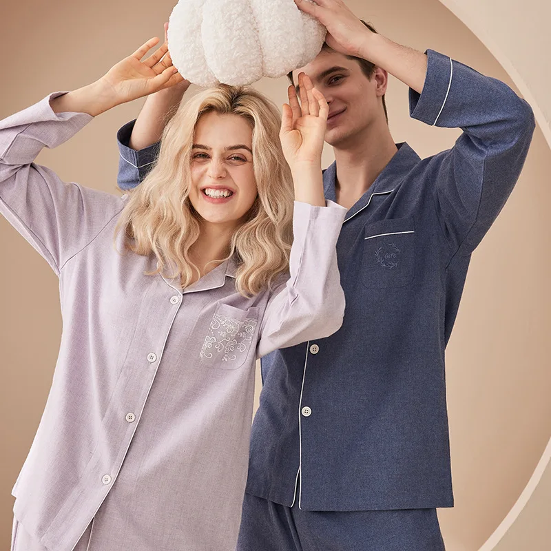 100%Cotton Pajama Set Men and Women's Pajamas Lovers Lapel Solid Color Cardigan New Product Nightwear Simple Solid Color