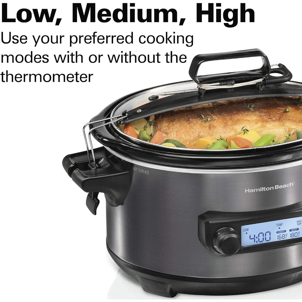Portable 6 Quart Set & Digital Programmable Slow Cooker with Lid Lock, Temperature Probe, Dishwasher Safe Crock & Lid, Stainless 6