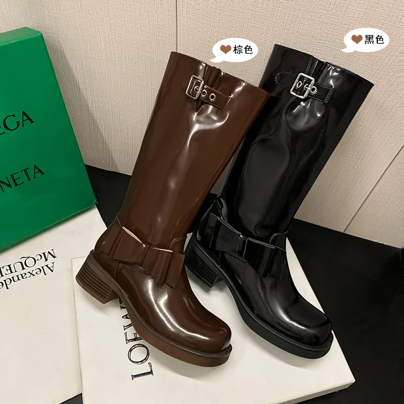 

2023 Autumn Women knee high boots natural leather 22-24.5cm cowhide+pigskin modern boots buckle butterfly knot knight boots