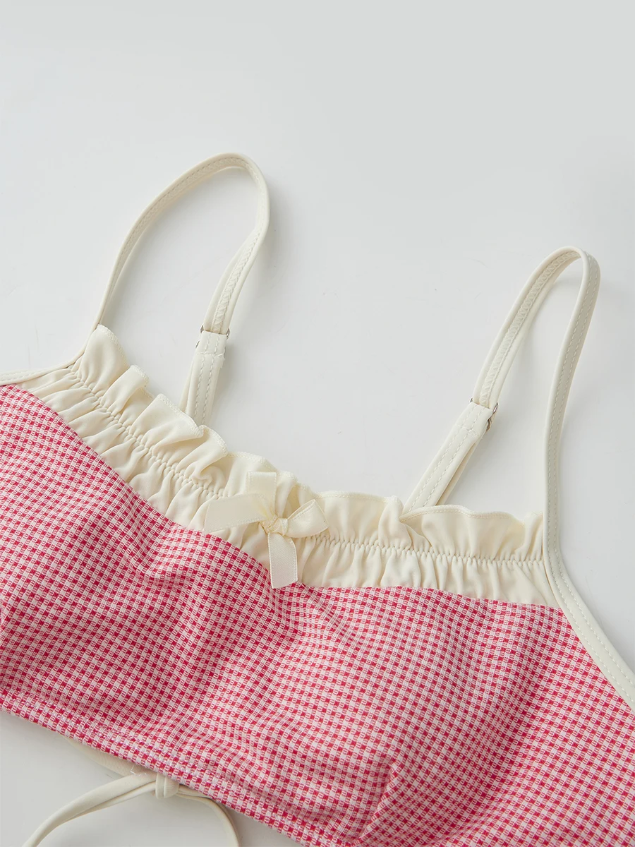 Women s Plaid Print Ruffle Sleeve Bikini Set with Padded Bra and Thong Bottoms for Beach or Pool Party Wear