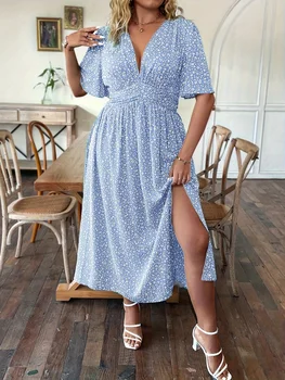 Summer Large Size Women's Romantic Floral V-Neck Short Sleeve Waist-Cinched A-Line Holiday Dress