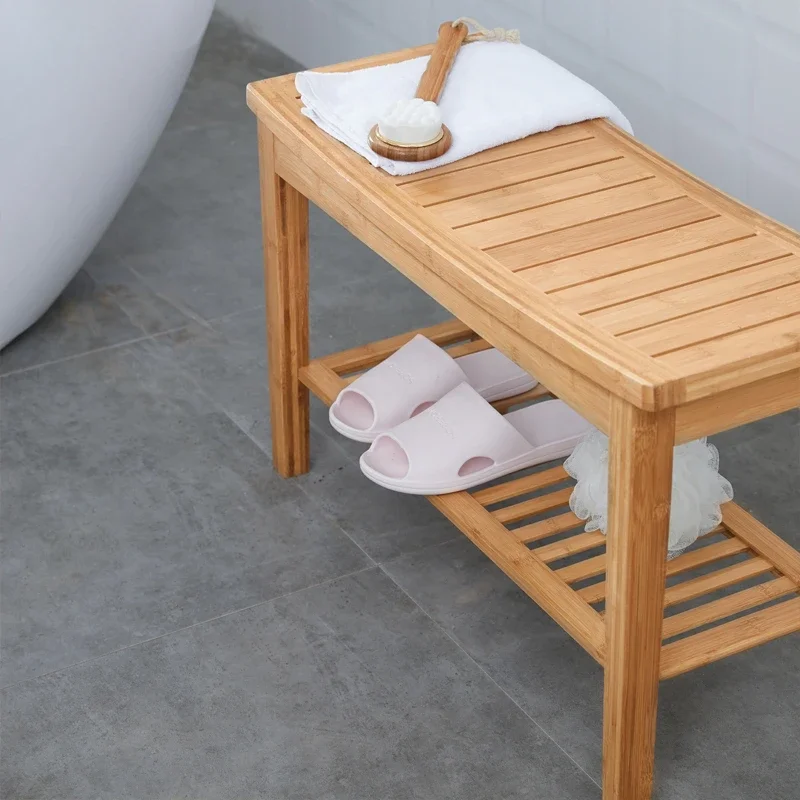 Bamboo Shower Bench Anti Slip Thickening Shower Stool with Storage Shelf Spa Bath Seat for Bathroom Organizer Hallway Bench